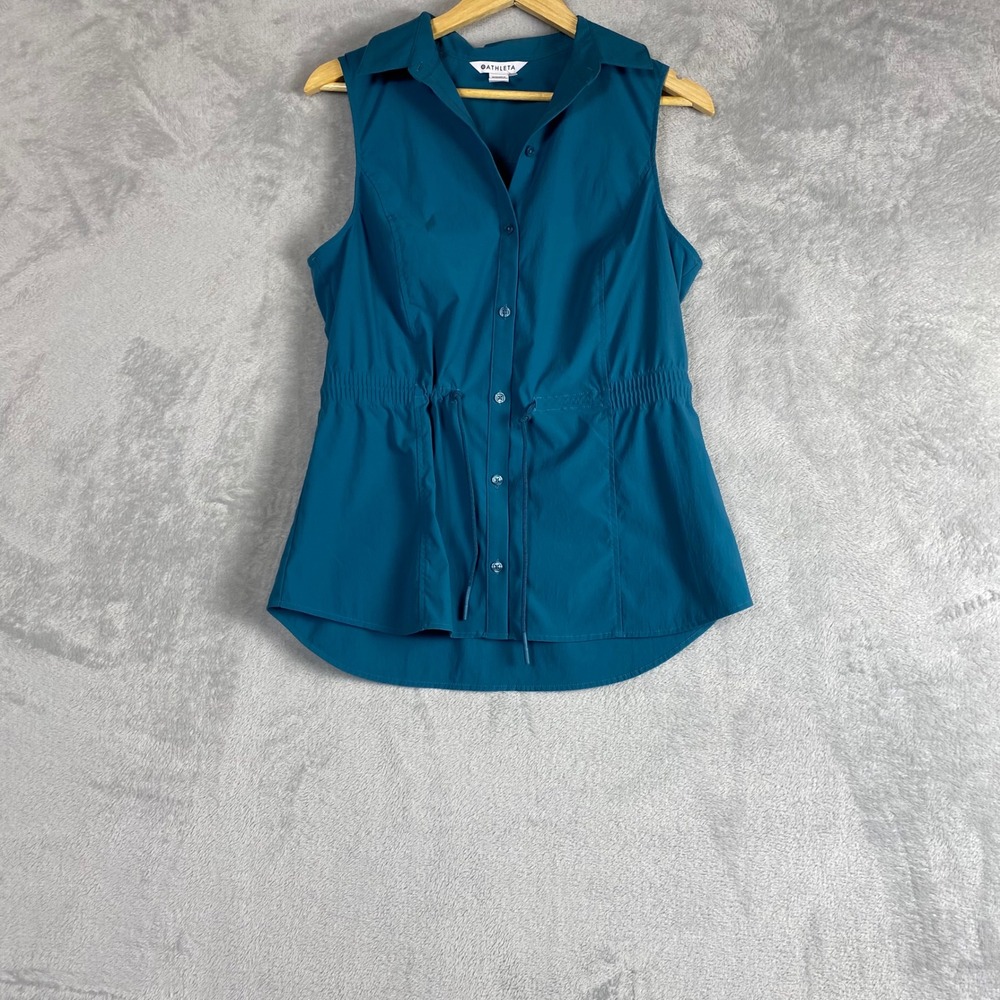 Athleta‎ Levitate Poplin Tank Top Womens Medium Teal Blue Sleeveless Button Down